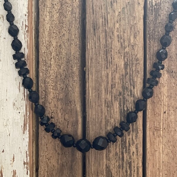 Vintage Short Black Faceted Glass Necklace | 1920s Deco Flapper Jewellery | 17" 1 Single Strand | Beaded Bead French Jet | Anniversary Wife