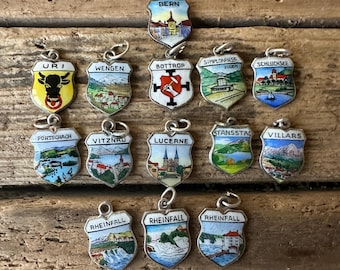 Vintage Silver Switzerland Tourist Shield Charms, Old Swiss Coat Arms Flags, European Travel Birthplace Souvenir Necklace Bracelet Pendant