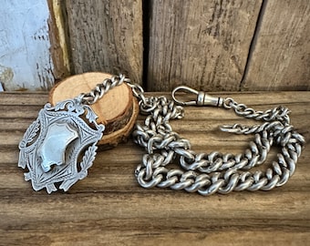 Antique Hallmarked 1912 Solid Silver 13&quot; Double Albert Pocket Watch Chain, Vintage English Solid Curb Link, Original Dog Clip Fob Medal, 42g