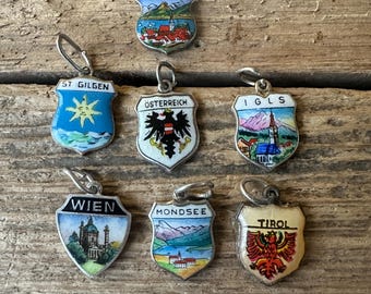 Vintage Silver Austria Tourist Shield Charms, Old Austrian Coat Arms Flags, European Travel Birthplace Souvenir Necklace Bracelet Pendant