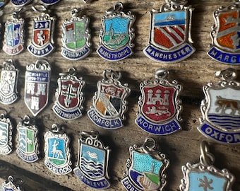 Vintage Silver England (L-R) Tourist Shield Charms, Britain UK City Place Coat Arms Flags, Travel Hometown Souvenir Bracelet Pendant Gift