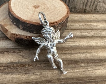 Vintage Solid Silver Angel Child Charm, Angelic Winged Baby Boy Girl, Sterling Necklace Bracelet Pendant, Cherub Cherubim Amoretto Putto