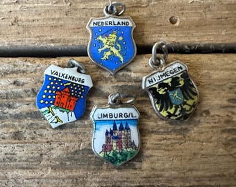 Vintage Silver Netherlands Tourist Shield Charms, Old Dutch Coat of Arms, European Travel Birthplace Souvenir Necklace Bracelet Pendant Gift