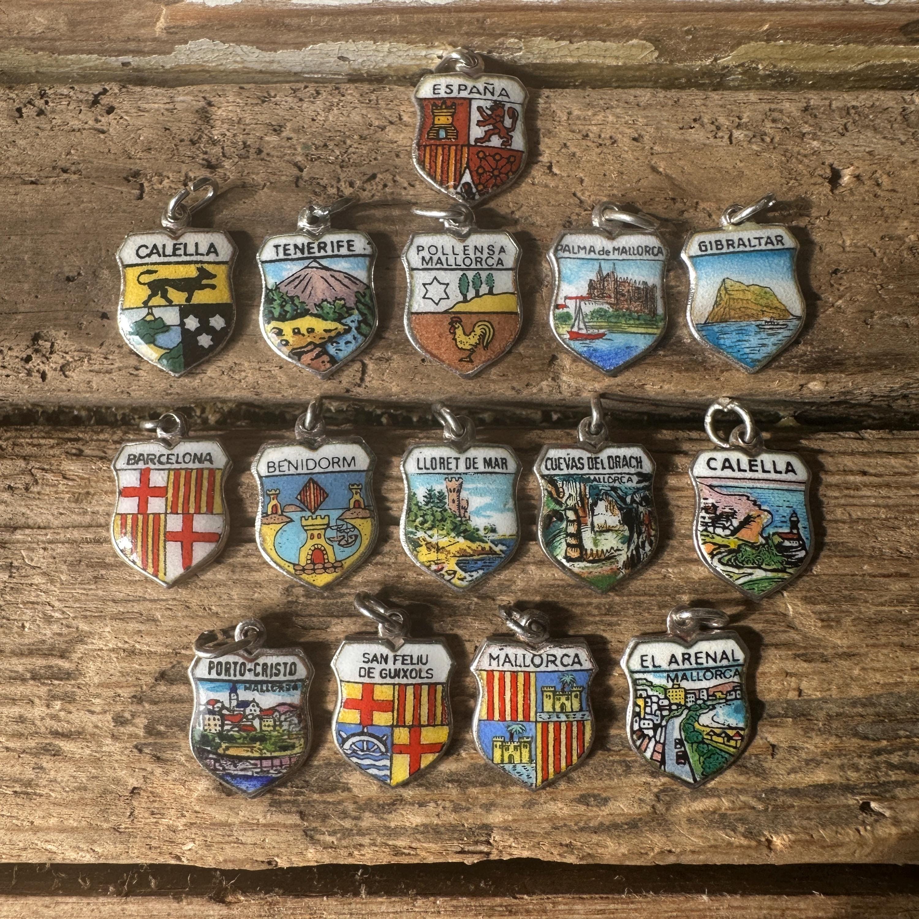 Vintage Silver Spain Tourist Shield Charms, Espāna Spanish Retro Jewellery, European Travel Holiday Souvenir Necklace Bracelet Pendant Gift