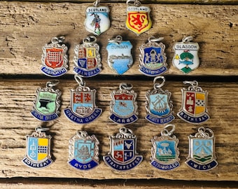 Vintage Silver Scotland Tourist Shield Charms, Scottish UK Coat Arms Flags, European Travel Birthplace Souvenir Necklace Bracelet Pendant