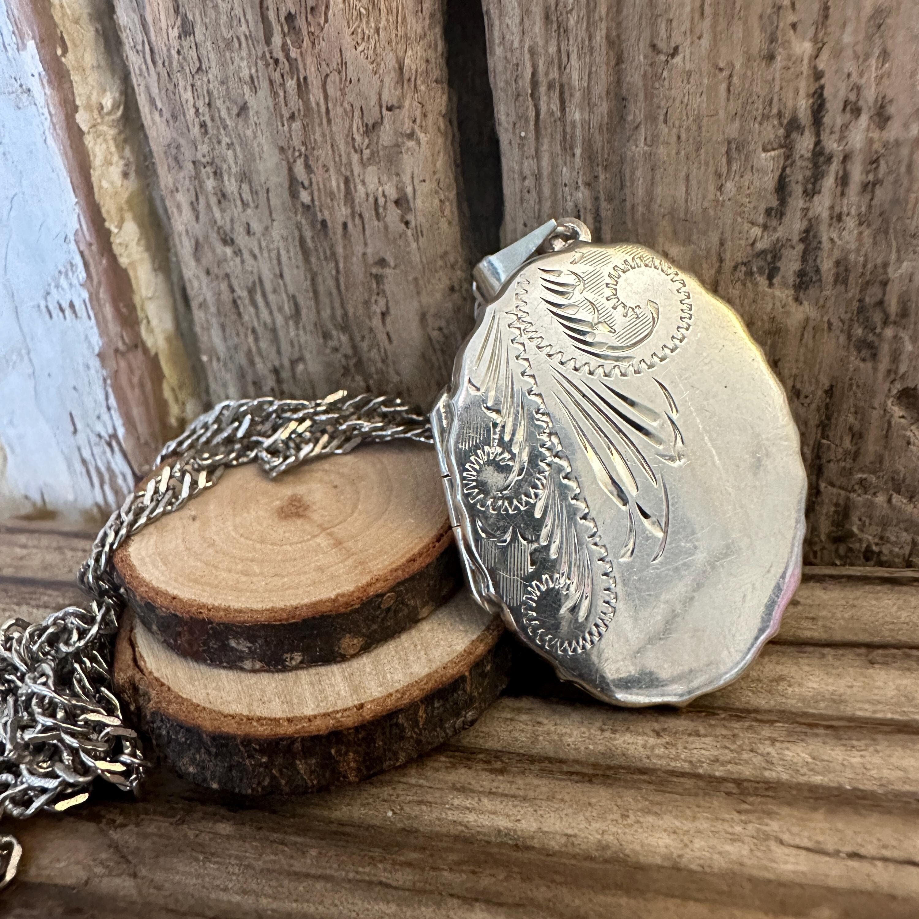 Vintage Solid Silver Oval Locket Necklace, Etched Opening Photo Pendant, Hallmarked London 2007 Jewellery, 18" Curb Chain, Mum Mom Birthday