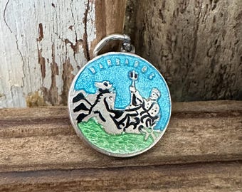 Vintage Solid Silver Enamel Barbados Coat Arms Charm, Caribbean Island, Vacation Honeymoon Souvenir Necklace Bracelet Pendant Gift