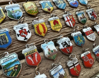 Vintage Silver Germany Tourist Shield Charms, Old German Deutschland Coat Arms Flags, European Travel Birthplace Souvenir Bracelet Pendant