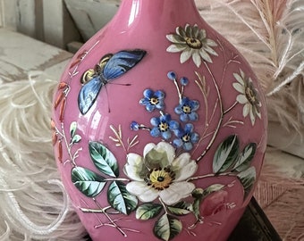 Vintage opal glass opaline vase bottle in pink with enamel painting flowers butterfly