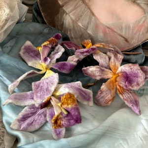 4x  Vintage millinery hat flowers Orchideen Blüten  Samt Blumen lila orange french Brocante bohemian chic