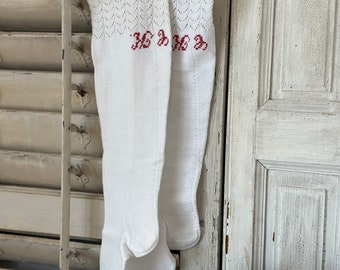 Pair of Antique 1800s Ladies Knitted Stockings with Monogram - Victorian Stockings