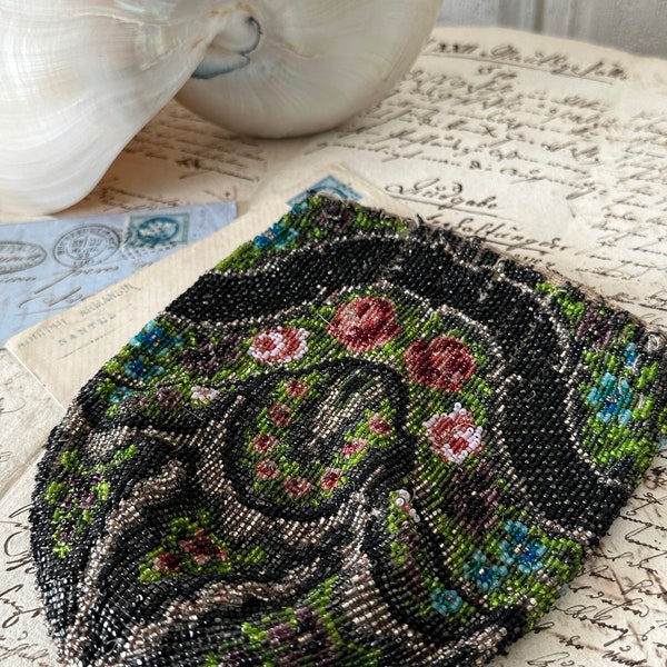 Antique 1800s Bohemian Micro Beaded Bag Pouch Pompadour Reticule with Roses