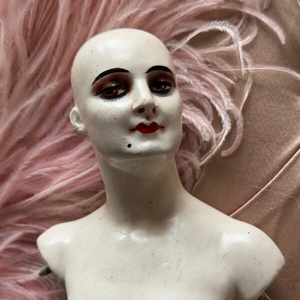 Stunning antique 1920s halfdoll tea doll - Wax composite doll - Boudoir doll Smokey eyes - Harlequin Bajazzo