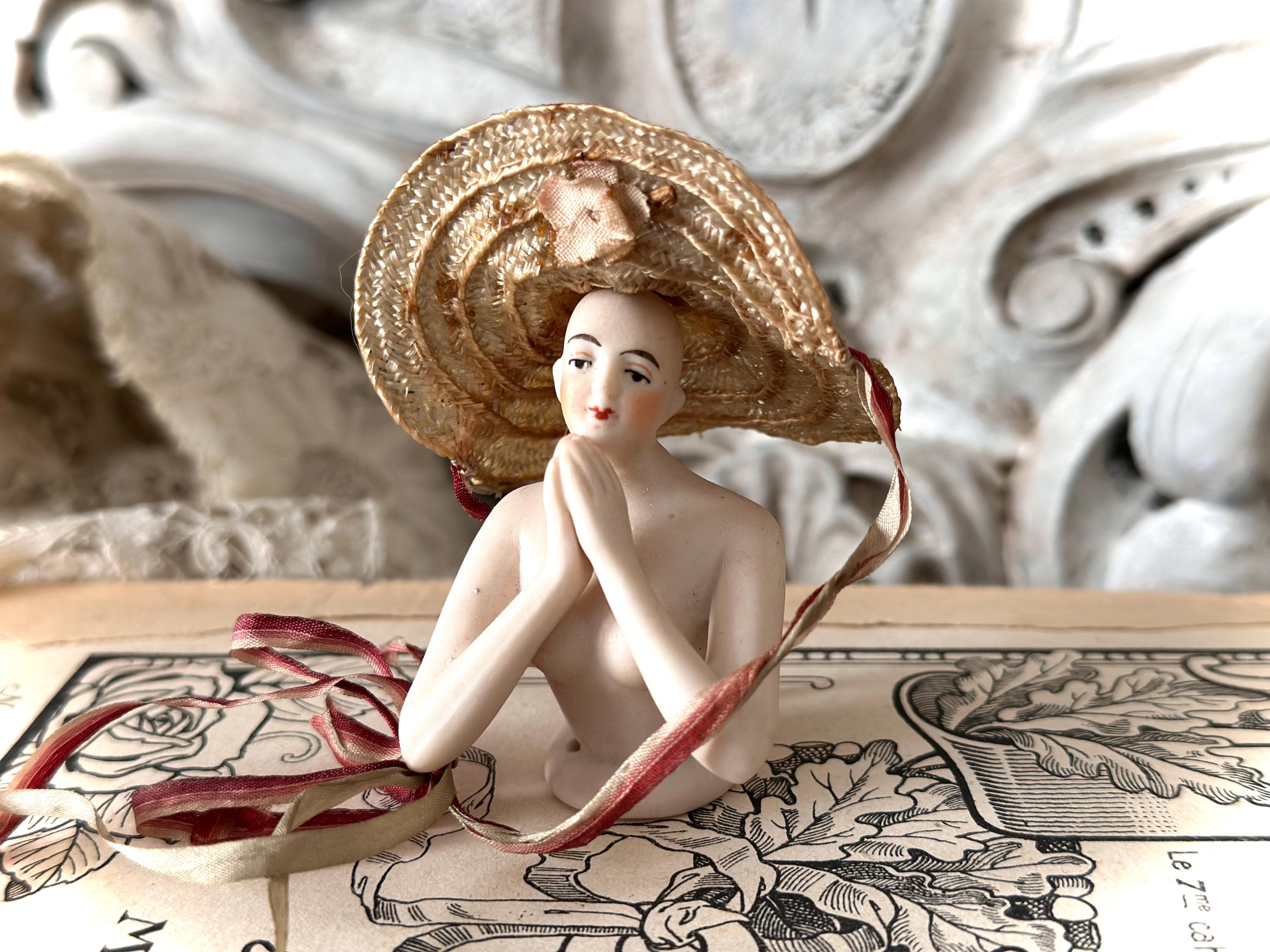 Antique Galluba Hofmann Bisque Half Doll, German Demi Figurine Tea Doll with Hat