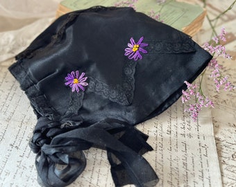 Antique embroidered bonnet Mourning cap 1900s french shabby brocante chic