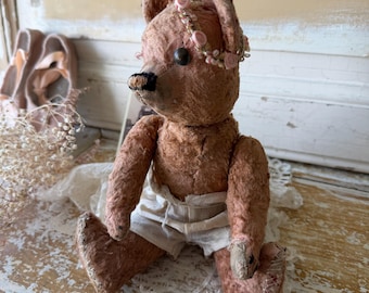 Orsacchiotto antico con patina rosa – arti snodabili, vecchio peluche di carattere, circa 27 cm