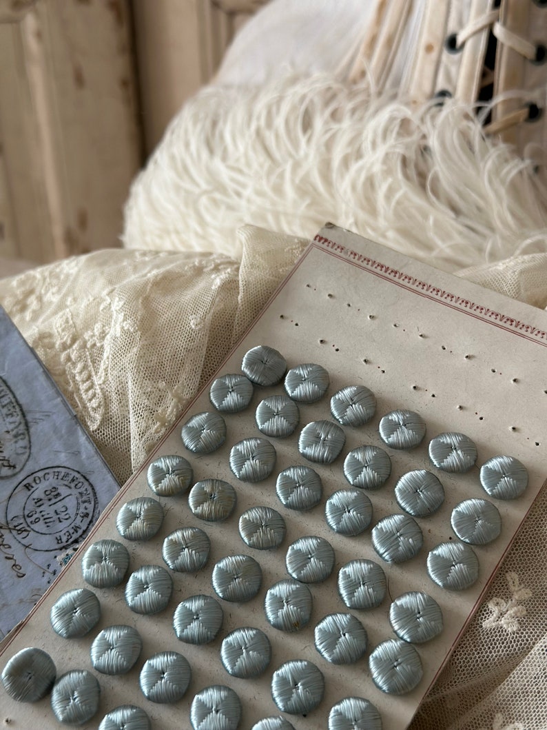 Stunning antique 1920s French button card with 48 dainty buttons in baby blue image 2