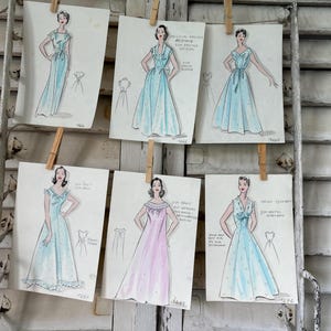 6 illustrazioni di moda originali degli anni '50 – modelli di abiti disegnati a mano su carta