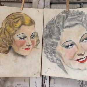 2 disegni antichi di ritratti di donne - firmati e datati 1939 - set decorativo - stile Art Déco - originali d'epoca