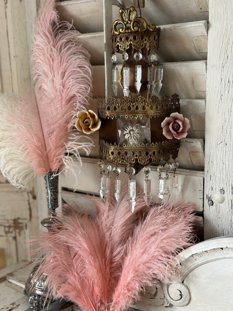 Umwerfende Italienische Vintage Empire Wandlampe Chandelier mit Porzellanrosen und Kristall Behang Boudoir chic zdjęcie 6