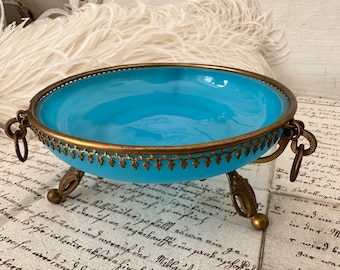 French antique blue opaline glass jewelry bowl brass mount 19ct