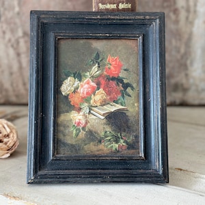 Natura morta d'epoca – stampa sovrastampata – quadro di rose in cornice nera – quadro da parete 21 × 17 cm