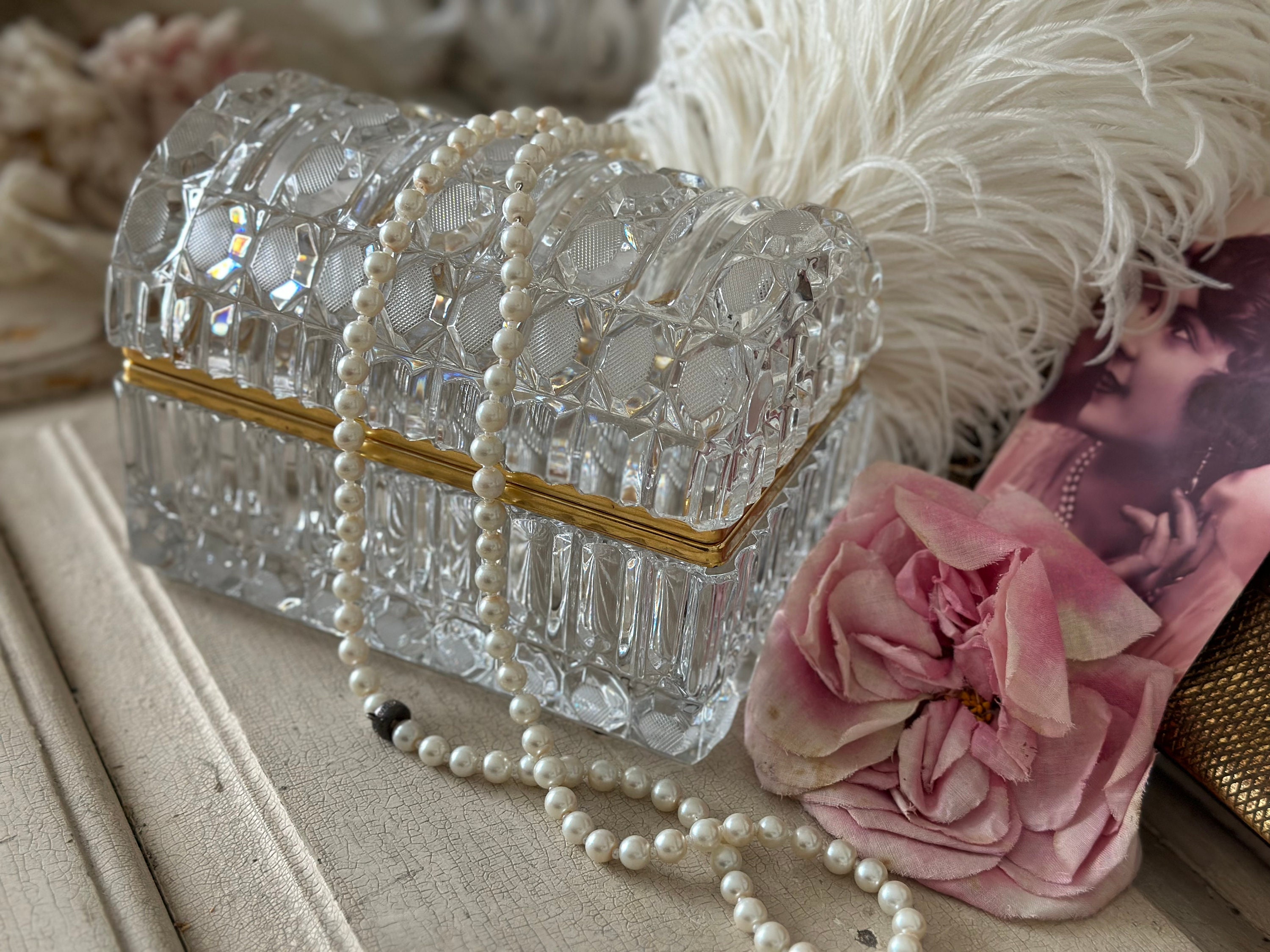 Large Vintage Crystal Box in Baccarat Style Jewelry Box