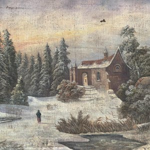 Antique Victorian painting - Winter landscape - Oil on canvas - Shabby tatty - Brocante style