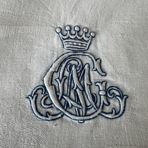 Chateau Fund fine antique linen damask towel with monogram crown hand embroidered dated 1911 trousseau