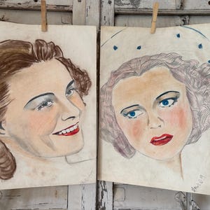 2 disegni antichi di ritratti di donne - firmati e datati 1939 e 1940 set decorativo - stile Art Déco - originali d'epoca