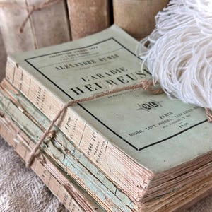 Può includere: Una pila di libri antichi legati con spago. I libri hanno copertine verde sbiadito con testo nero, tra cui "L'Arabie Heureuse" e "Alexandre Dumas". I bordi delle pagine sono invecchiati e usurati. Una boa di piume bianche è appoggiata vicino.