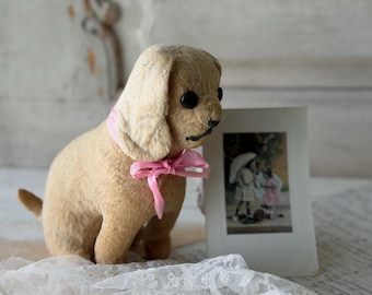 以下が含まれることがあります： 黒いボタンの目と刺繍された鼻を持つベージュの犬のぬいぐるみ。首にはライトピンクのリボンが結ばれています。ぬいぐるみの横には、2人の子供が写った小さな白い長方形のカードが立てかけられています。