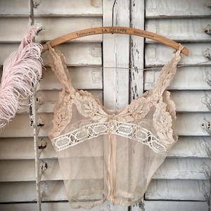 Unworn antique lace camisole around 1920 – fine net with label, boudoir & shabby chic decoration