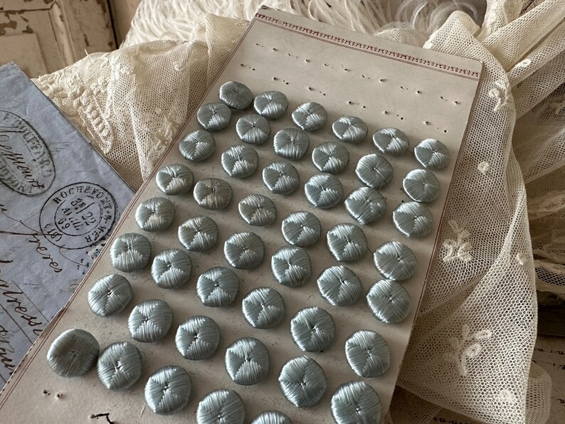 Stunning antique 1920s French button card with 48 dainty buttons in baby blue image 1