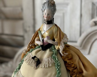 Beautiful large antique half doll rococo porcelain tea doll with original dress