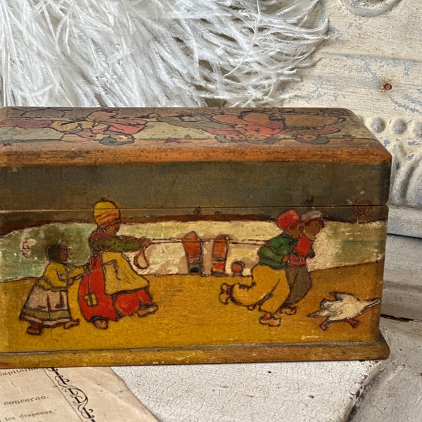 Antique 1910s children's box Art Nouveau Dutch motif playing children and geese hand painted