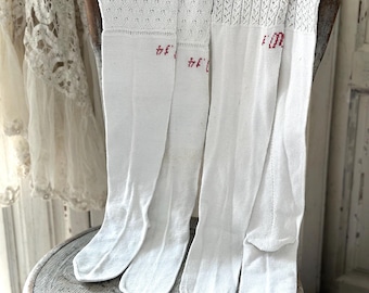 2 pairs of antique ladies&#39; stockings with monogram - knitted - around 1900 - cross stitch - shabby brocante chic - cottagecore