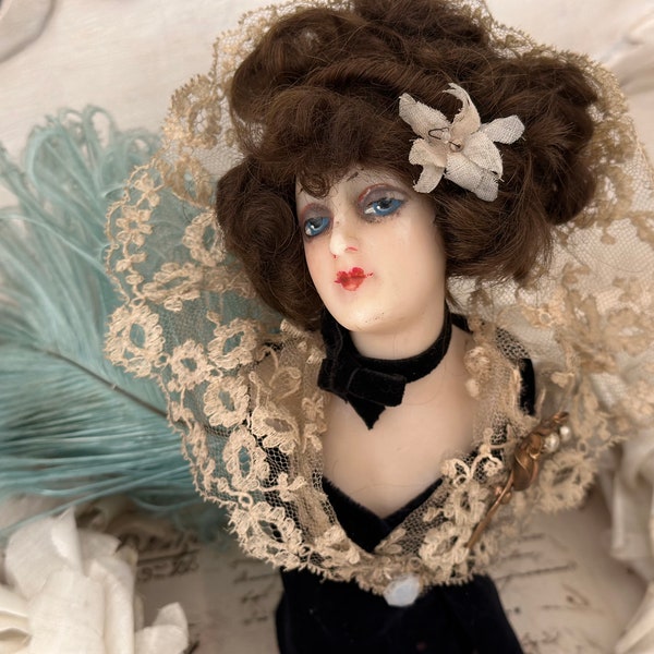 Sehr seltene Antike Flapper Ganz Wachs Puppe Modepuppe Teepuppe Half Doll 1920s