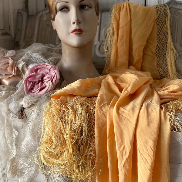 Antique Art Deco 1920s piano cloth flapper piano shawl Frings Apricot