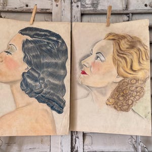 2 disegni antichi di ritratti di donne - datati 1939 e 1940 - set decorativo - stile Art Déco - originali d'epoca