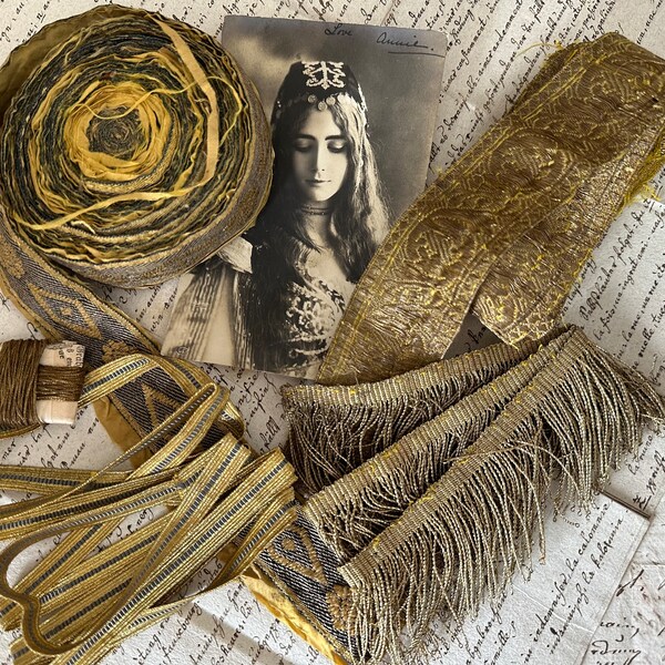 Large set of antique French gold metallic thread trims braid passementerie monastery work trimmings haberdashery