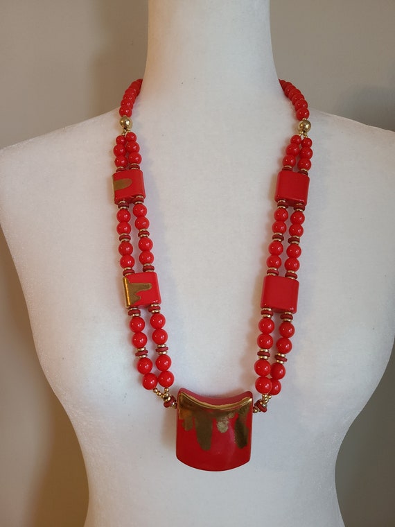 Vintage red and gold beaded Japanese necklace - image 1