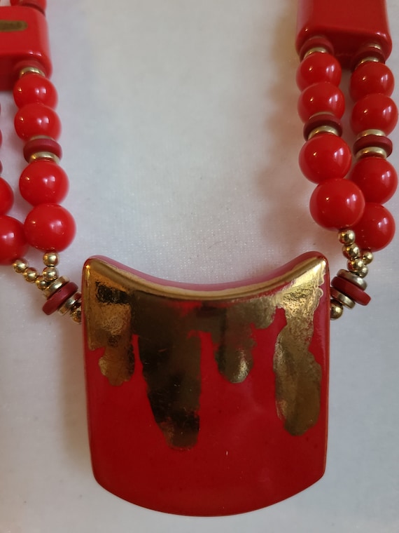 Vintage red and gold beaded Japanese necklace - image 2