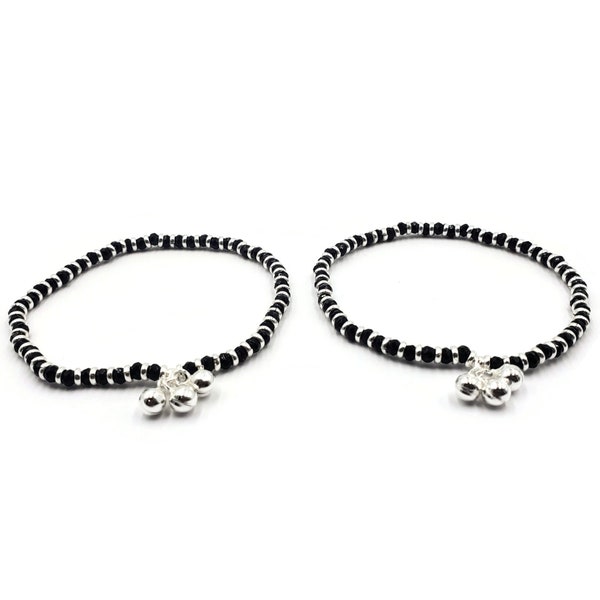 925 Sterling Silver Black Beads Stretchable Anklet - Style#15