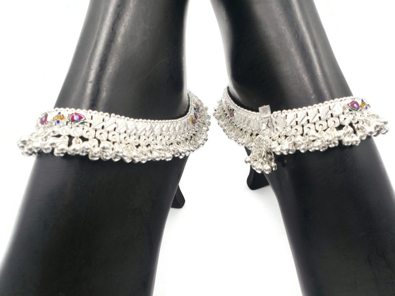 #81 600 Silver Rajwada Anklet Pajeb Payal with Meena /& Bells