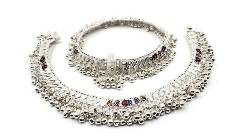 #81 600 Silver Rajwada Anklet Pajeb Payal with Meena /& Bells