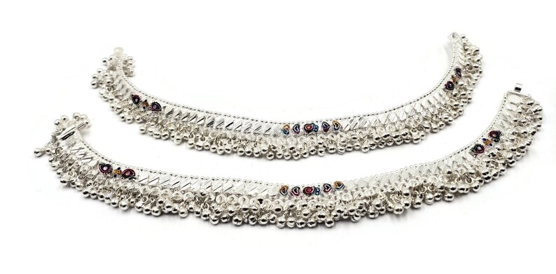 #81 600 Silver Rajwada Anklet Pajeb Payal with Meena /& Bells