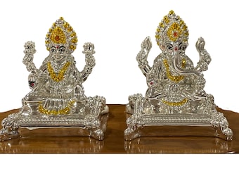 999 Pure Silver Ganesh & Lakshmi / Laxmi Idol / Statue / Murti (Figurine #39)