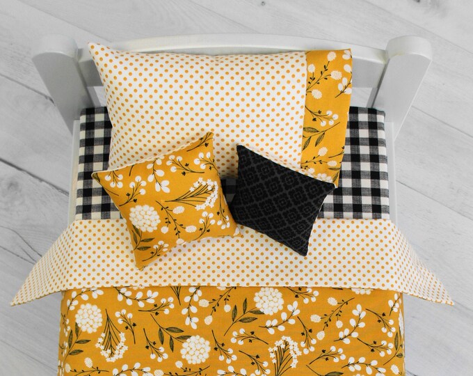 Yellow Floral Doll Bedding Set, 18 Doll Bedding Set, Ikea Doll Bedding