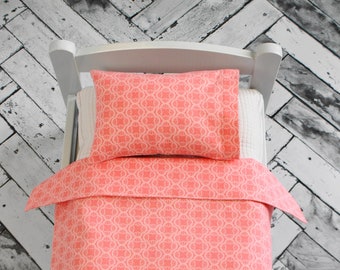 Peach and Pink sheet set for Dolls, 18" doll bedding, pillowcase, pillow and sheet set